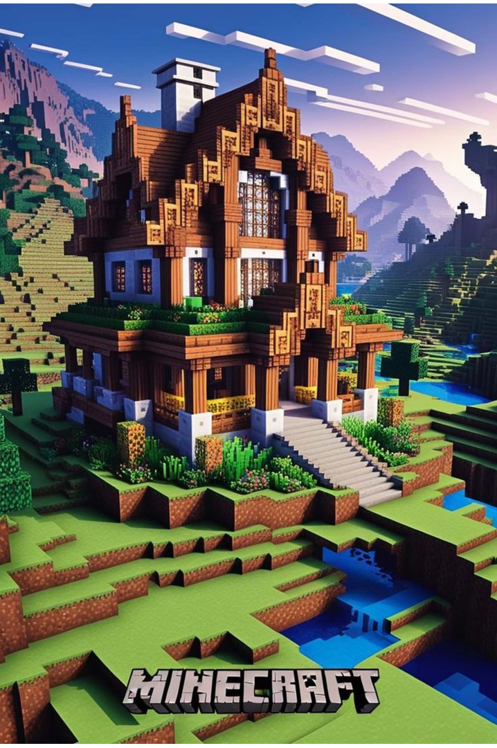 Póster Minecraft Casa Moderna en la Montaña