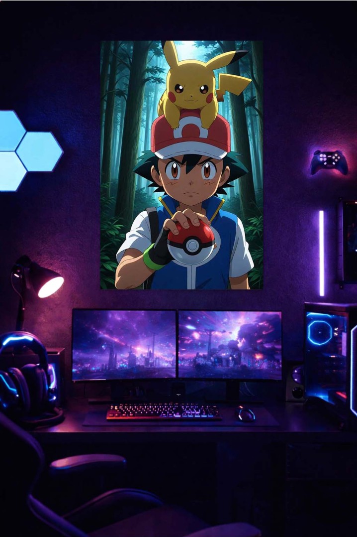 Póster Pokémon Ash con Pikachu – Escena en el Bosque