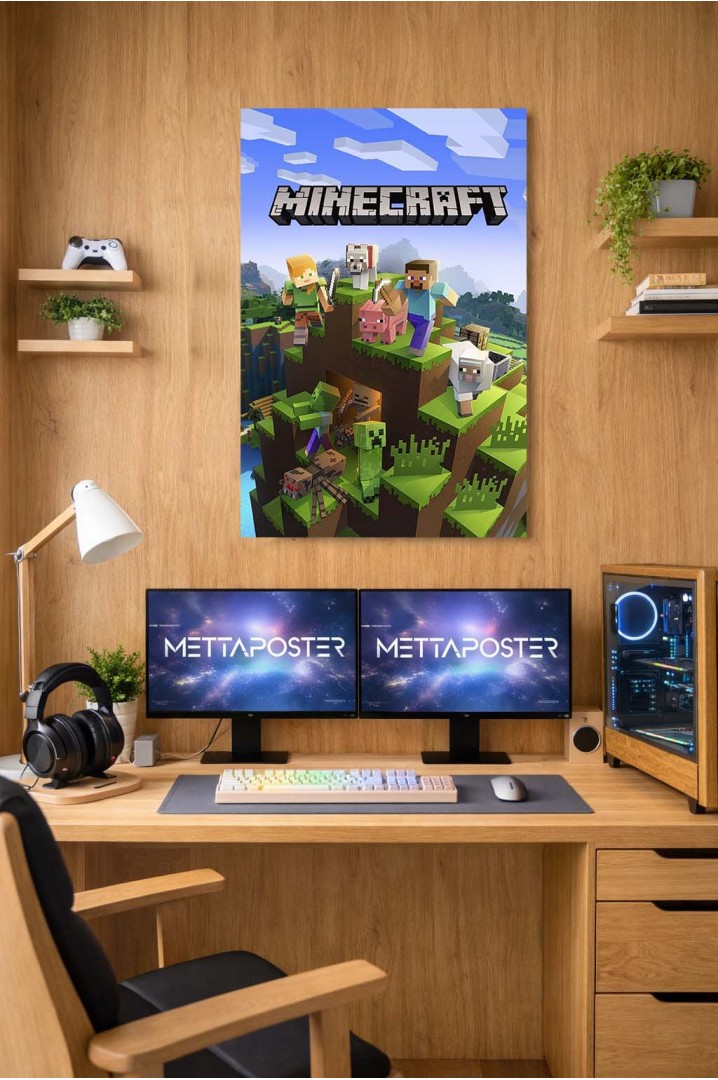 Mettaposter Minecraft Aventura Pixel – Steve, Creeper y Mundo Bloques en Metacrilato Premium