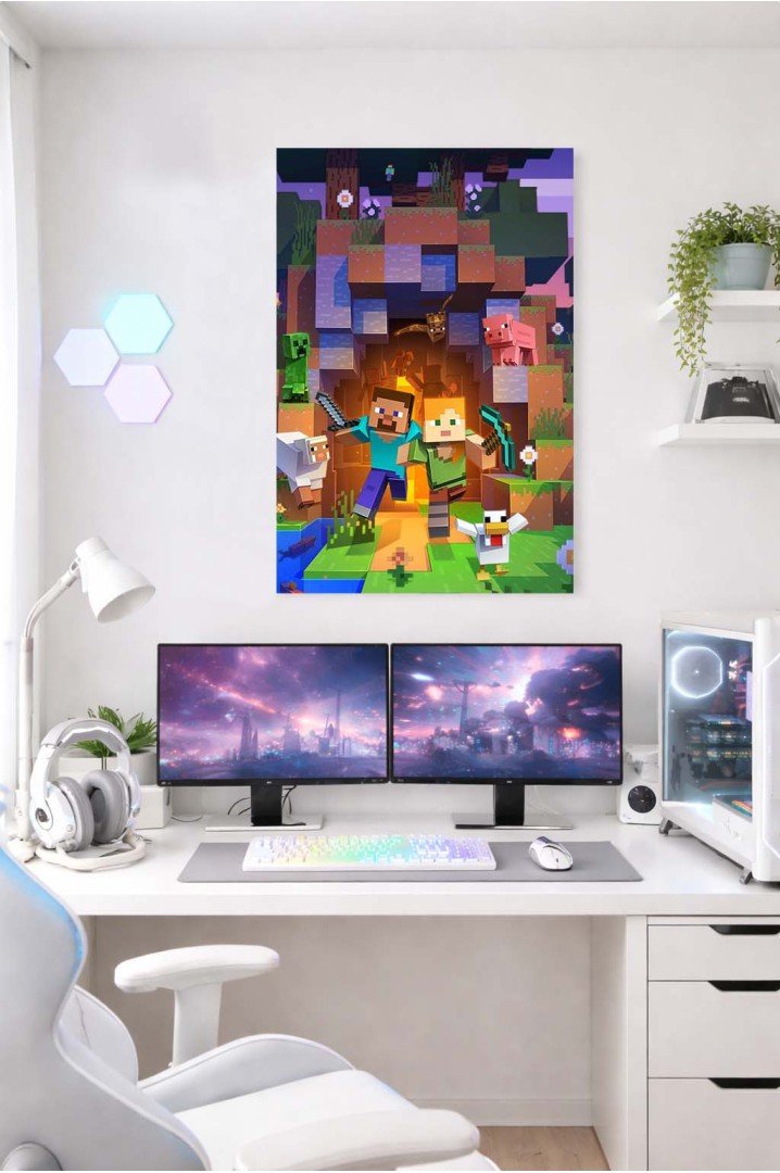 Mettaposter Minecraft Creeper Portal – Steve y Mundo Pixel en Metacrilato Premium